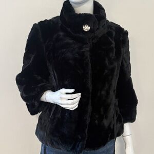 Le Group Woman Vintage Y2K Euro Brand Black Faux Fur Coat w Rhinestone Button
